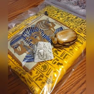 Egyptian shirt Size XXL with soapstone scarab, resin pyramid replicas and pouch.
